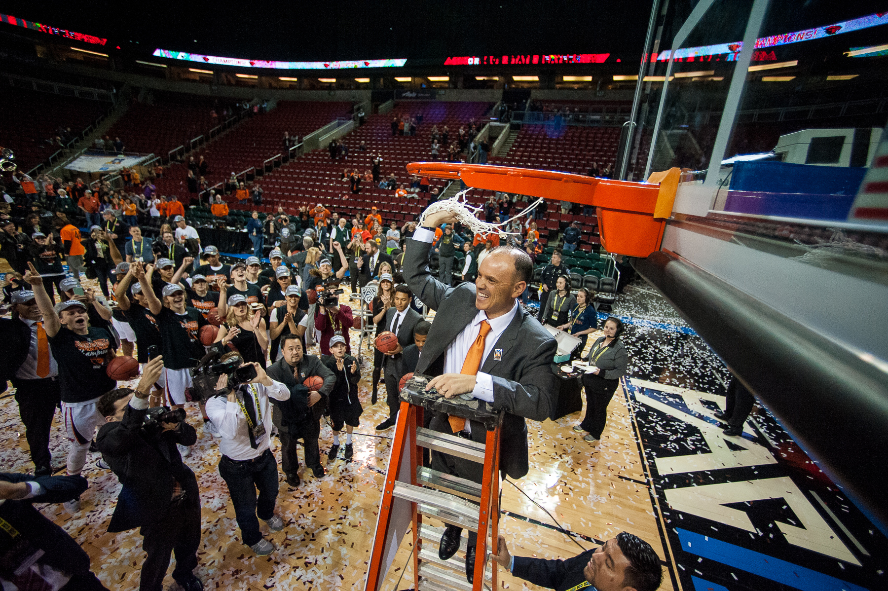 Oregon State University Women's Basketball Coach Scott Rueck Celebrates his team's Pac-12 Championship