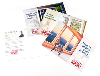 Postcards can be used for effective small business marketing when designed and written correctly. Here, a campaign created by Visual People for Smith Glass in Corvallis and Albany, Oregon.