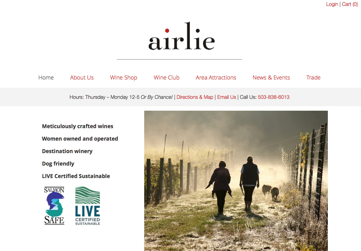 Airlie Winery website near Monmouth, Oregon