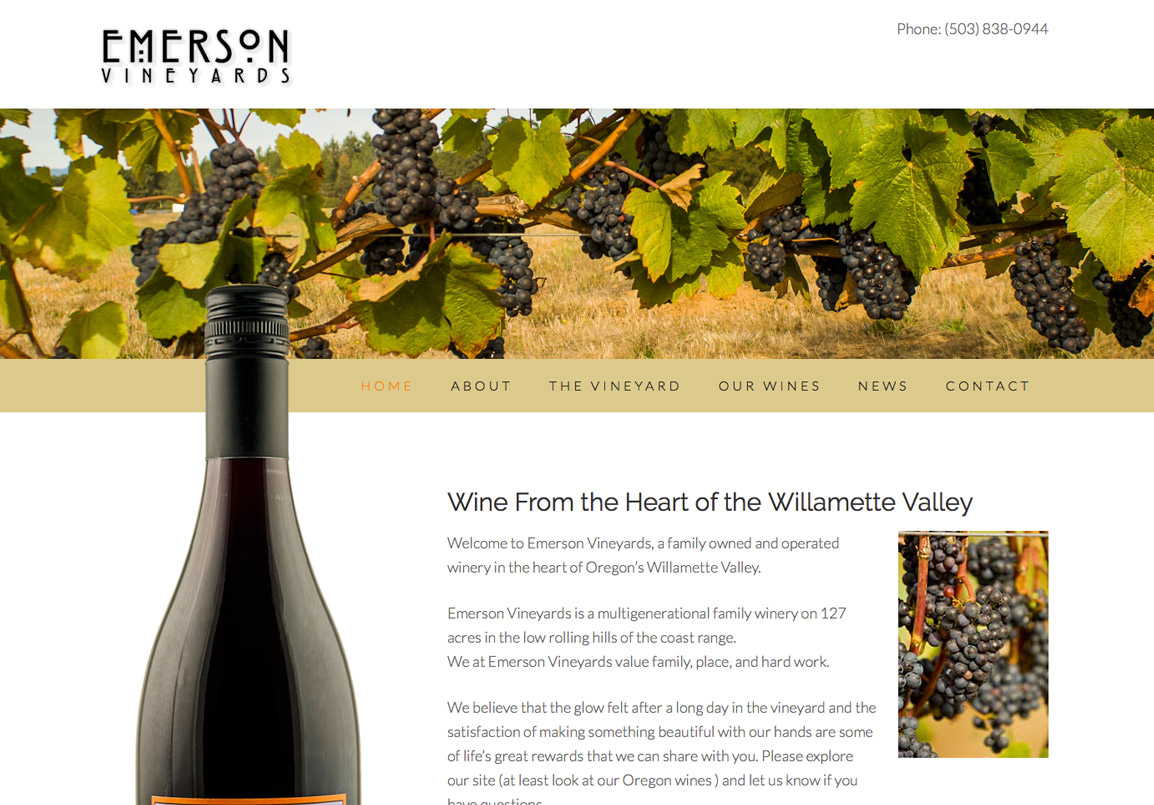Emerson Vineyards website in Monmouth, Oregon